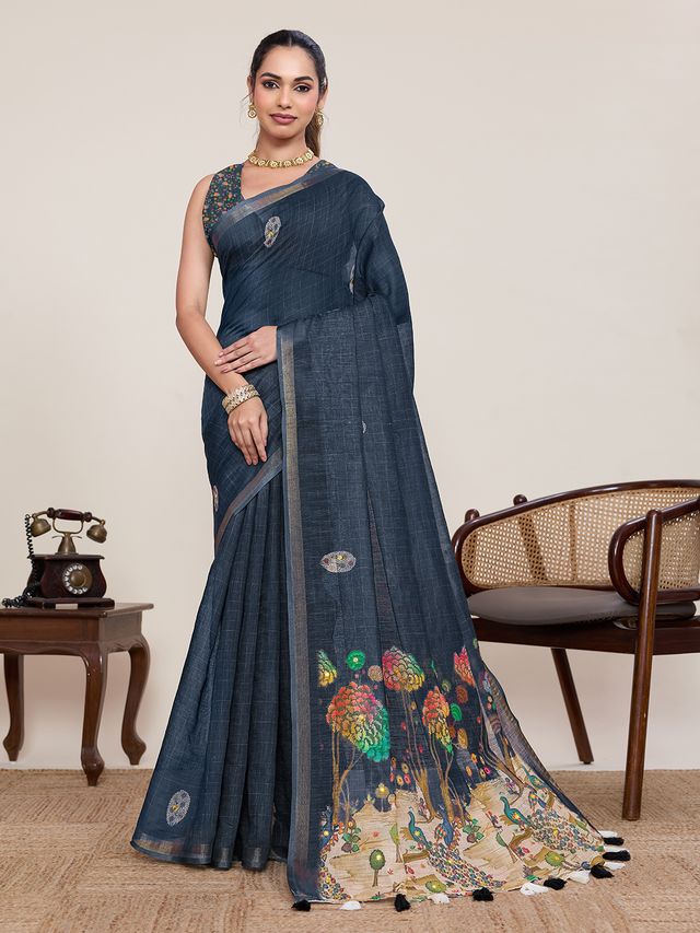Grey Color Linen Silk Fabric Ethnic Partywear Saree