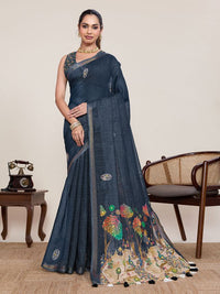 Grey Color Linen Silk Fabric Ethnic Partywear Saree