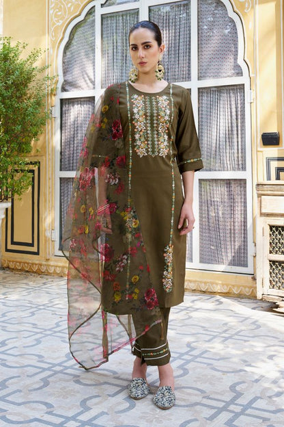 Mahendi Color Viscose Rayon Fabric Smart Embroidered Girlie Trendy Salwar Suit