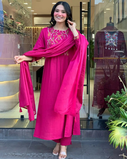Women's Gorgeous Chanderi Fabric Embroidery Work Straight Kurta Pant and Dupatta Set