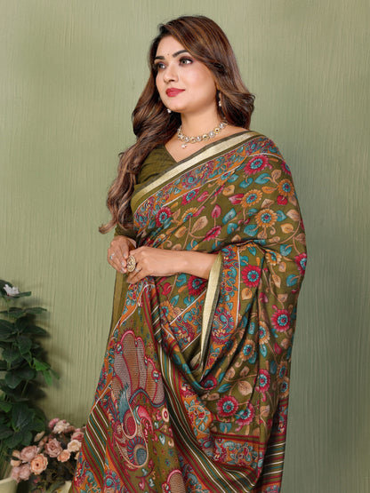 Green Printed Mal Cotton Saree With Blouse