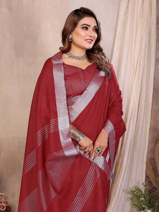 Red Weaving Linen Cotton Saree With Blouse