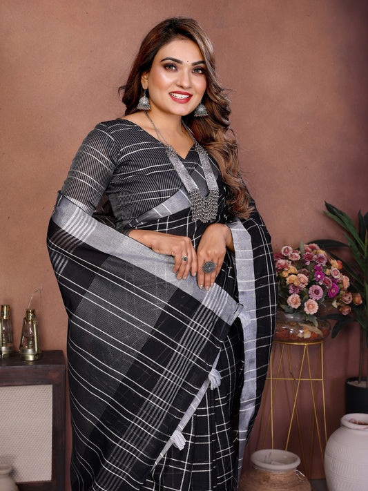 Black Weaving Linen Cotton Saree With Blouse
