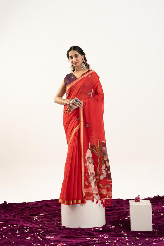 Red Color Muga Cotton Fabric Rajwadi Weaving Designer Ethnic Classic Saree