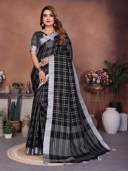 Black Weaving Linen Cotton Saree With Blouse