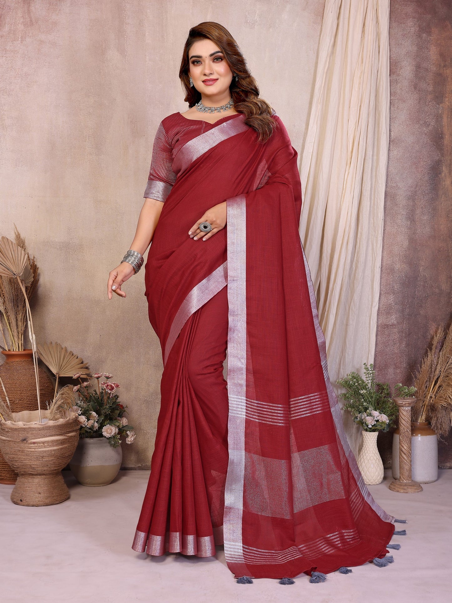 Red Weaving Linen Cotton Saree With Blouse