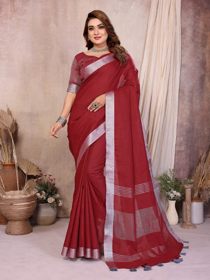 Red Weaving Linen Cotton Saree With Blouse