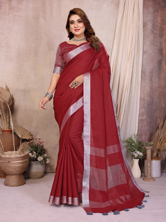 Red Weaving Linen Cotton Saree With Blouse