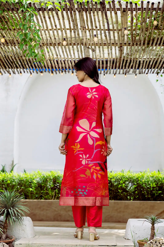Women's Beautiful Printed Work Jacquard Organza Fabric Straight Kurta Pant and Dupatta Set
