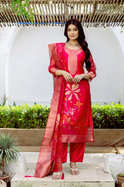 Women's Beautiful Printed Work Jacquard Organza Fabric Straight Kurta Pant and Dupatta Set