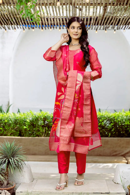 Women's Beautiful Printed Work Jacquard Organza Fabric Straight Kurta Pant and Dupatta Set