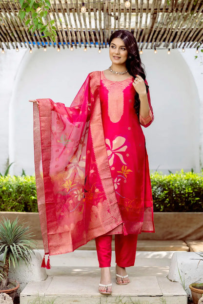 Women's Beautiful Printed Work Jacquard Organza Fabric Straight Kurta Pant and Dupatta Set