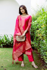 Women's Beautiful Printed Work Jacquard Organza Fabric Straight Kurta Pant and Dupatta Set