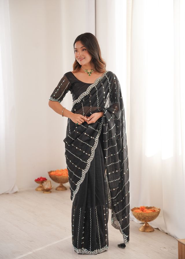 Black Color Twill Net Fabric Ethnic And Girlie Ceremonial Saree For Girls