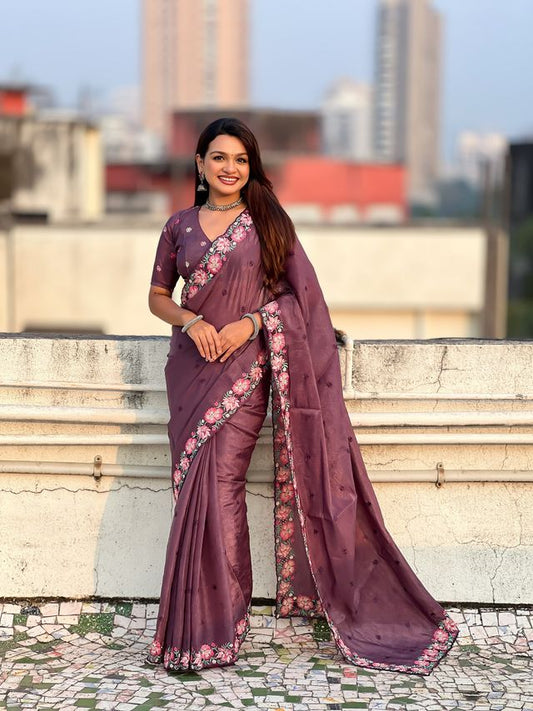 Wine Color Crush Silk Fabric Designer Embroidered Wedding Special Saree
