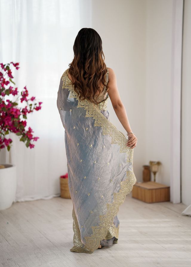 Grey Color Fendy Chiffon Fabric Beautiful Embroidered Saree