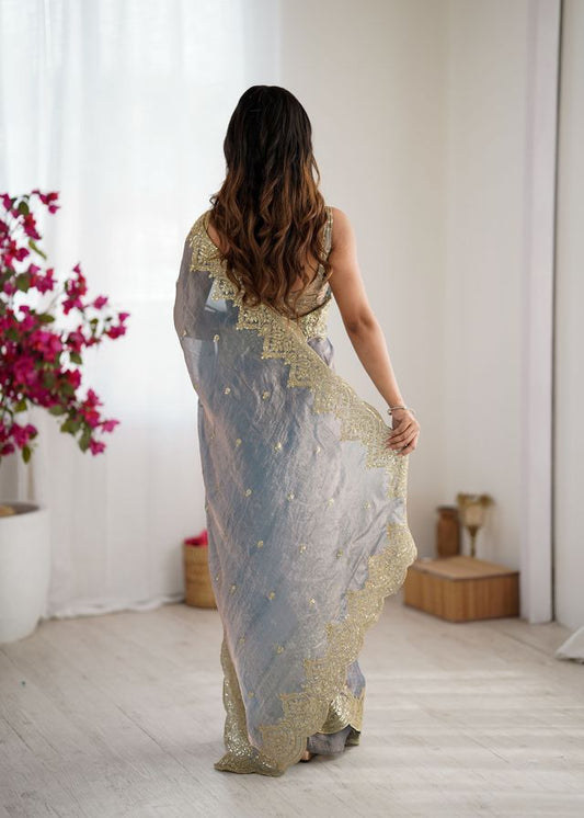 Grey Color Fendy Chiffon Fabric Beautiful Embroidered Saree