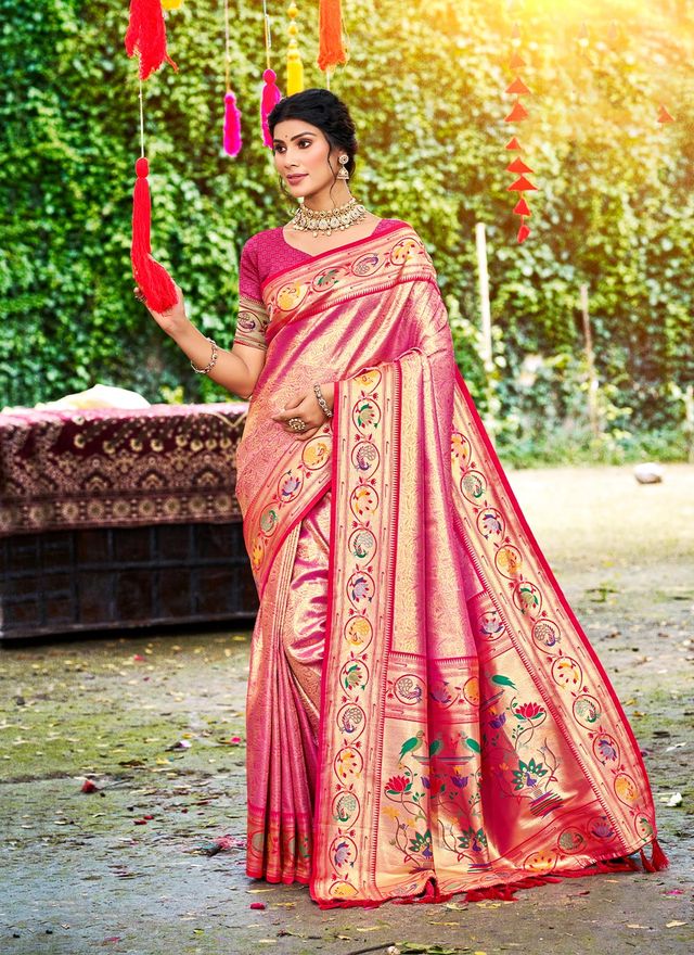 Pink Color Silk Blended Woven Designer Ethnic Partywear Saree