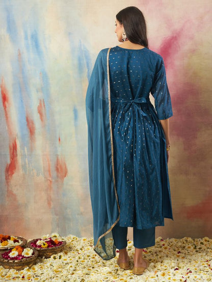 Teal Color Cotton Silk Ethnic Fancy Partywear Suit With Classy Looks