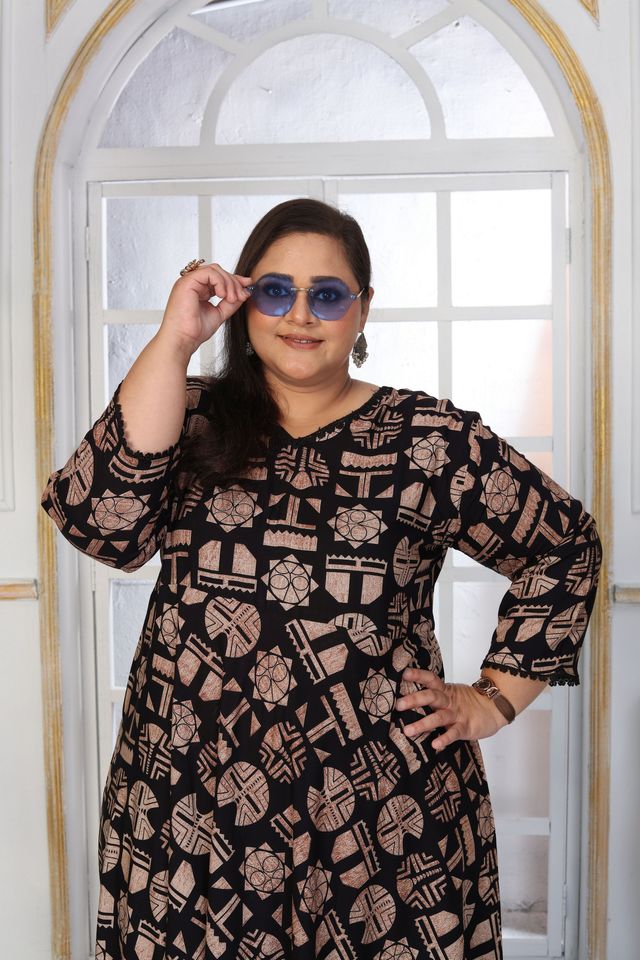 Black Color Rayon Fabric Designer Printed Plus Size Kurta For Girls