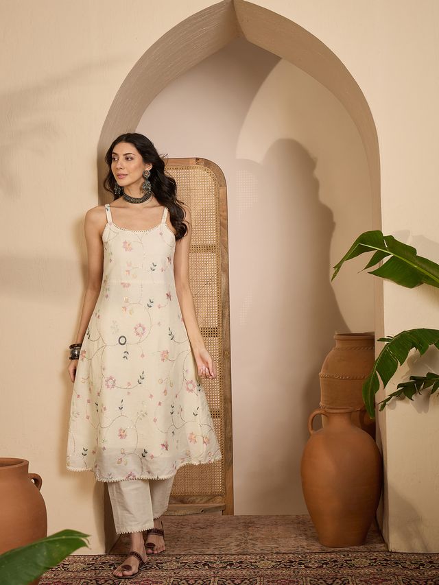 Beige Color Graceful Khadi Silk Fabric Designer Embroidery Work Top Bottom Set 4179