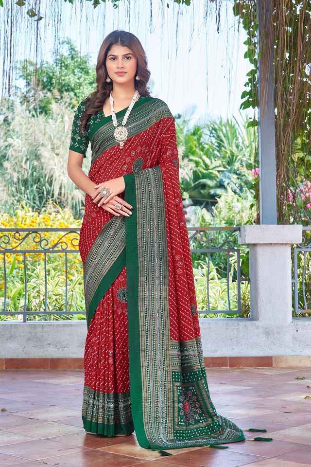 Red Color Velvet Tussar Silk Fabric Tradtional Woven Saree With Bandhej Print