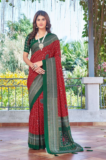 Red Color Velvet Tussar Silk Fabric Tradtional Woven Saree With Bandhej Print