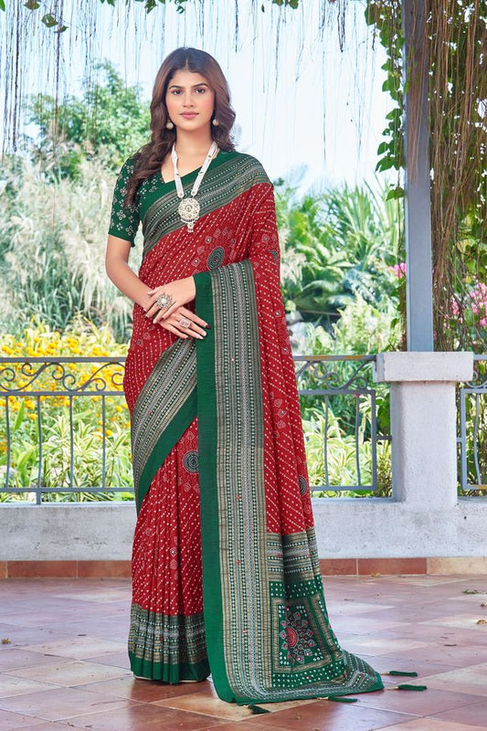 Red Color Velvet Tussar Silk Fabric Tradtional Woven Saree With Bandhej Print
