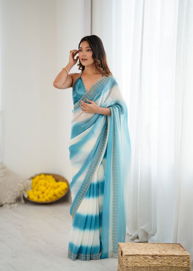 Sky Blue Color Beautiful Fendy Satin Fabric Saree With Glamorous Zarkan Diamond Work
