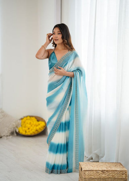Sky Blue Color Beautiful Fendy Satin Fabric Saree With Glamorous Zarkan Diamond Work