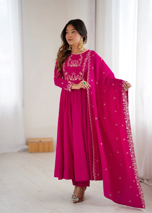 Women's Beautiful Embroidery Work Roman Chanderi Silk Fabric Flared Anarkali Pant and Dupatta Set