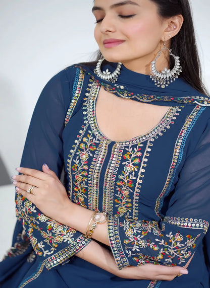 Women's Beautiful Embroidery Fox Georgette Fabric Straight Kurta Pant and Dupatta Set 95