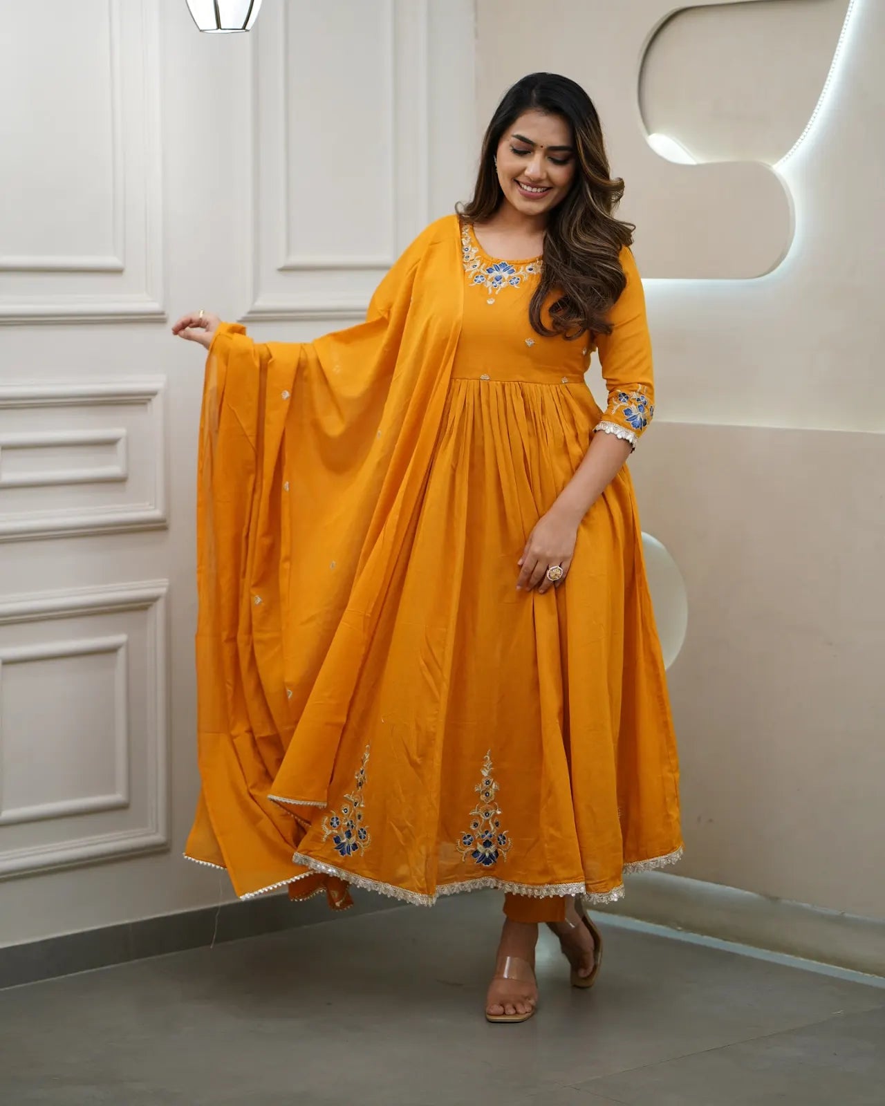 Women's Gorgeous Viscose Fabric Embroidery Work Flared Kurta Pant and Dupatta Set