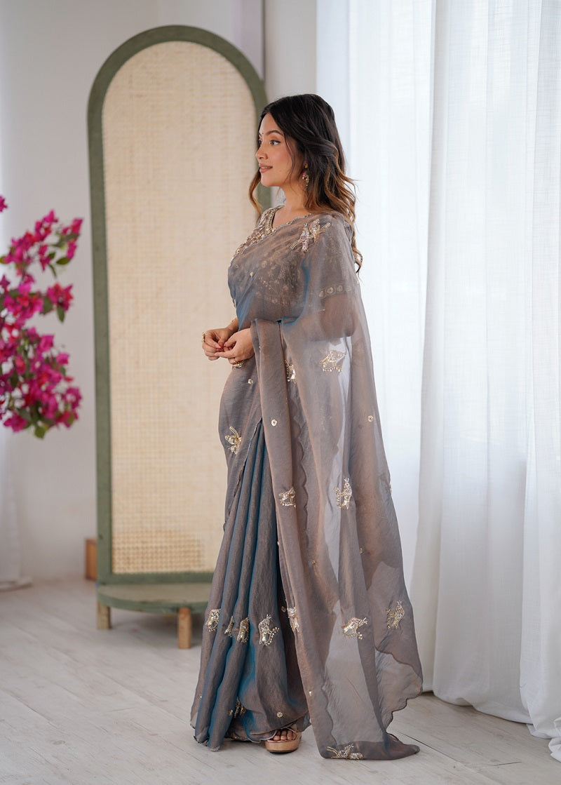 Grey Heavy Fendy satin With Birds Embroidered Beads Work saree With Unstitched Blouse