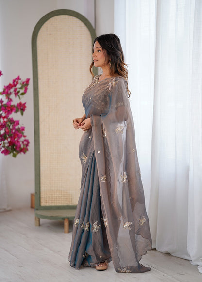 Grey Heavy Fendy satin With Birds Embroidered Beads Work saree With Unstitched Blouse