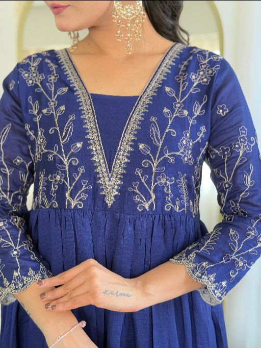 Women Beautiful Embroidery Vichitra Silk Fabric with Flared Kurta, Pant and Dupatta Set