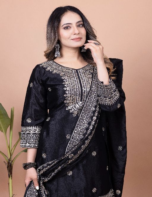 Beautiful Women's Chinon fabric Embroidery work Kurta with Sharara and Dupatta set