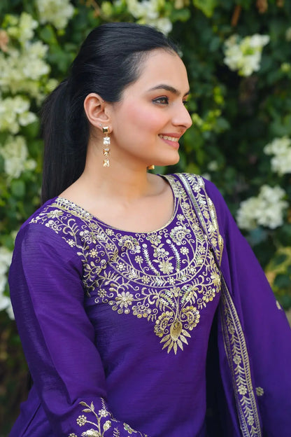 Women's Beautiful Embroidery Work Chinon Fabric Straight Kurta Sharara and Dupatta Set