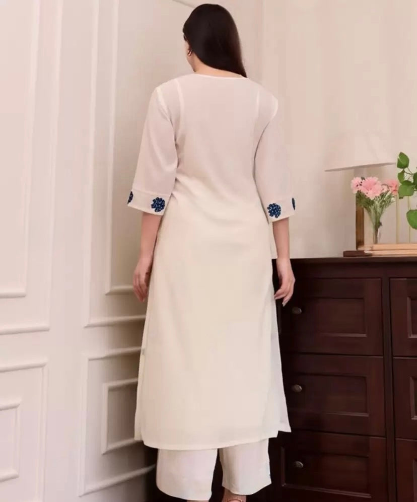 Women's Beautiful Viscose Thread work Straight Kurta with Pant And Dupatta Set