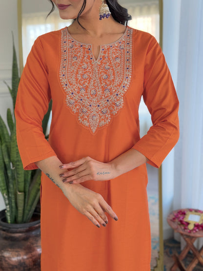 Women Gorgeous Embroidery Rayon Fabric with Straight Kurta, Pant and Dupatta Set
