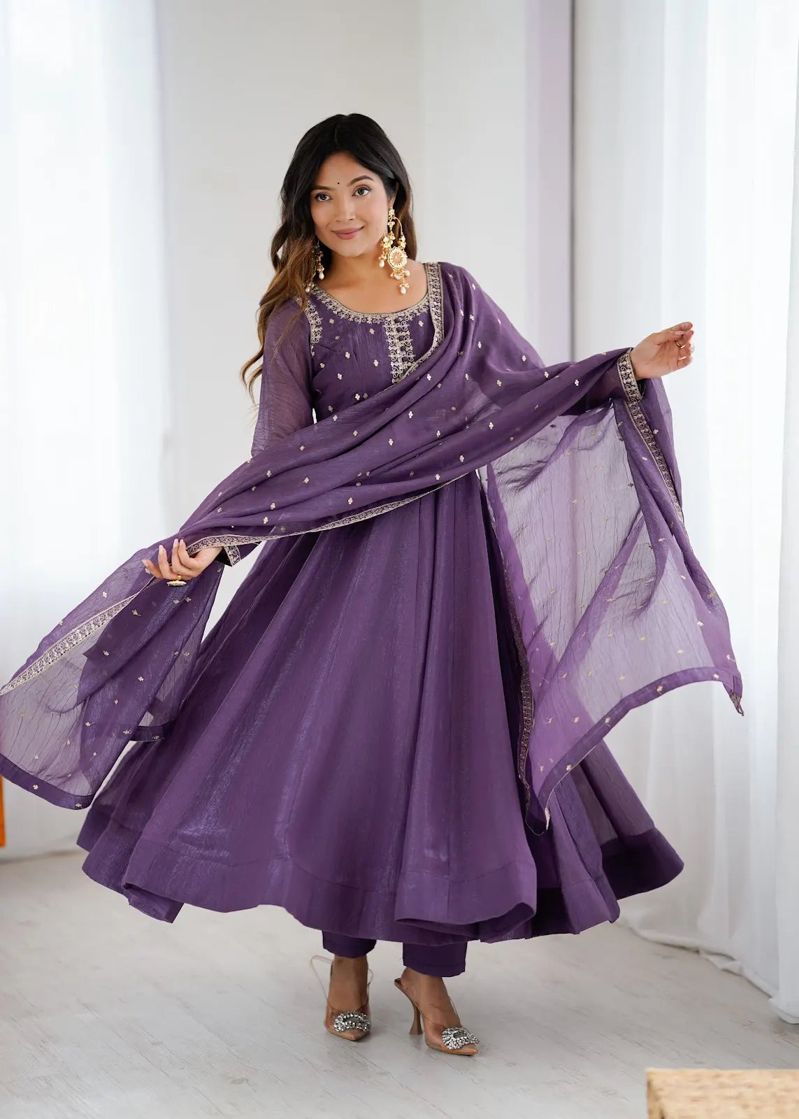 Women's Beautiful Embroidery Work Crunchy Silk Fabric Flared Anarkali Pant and Dupatta Set