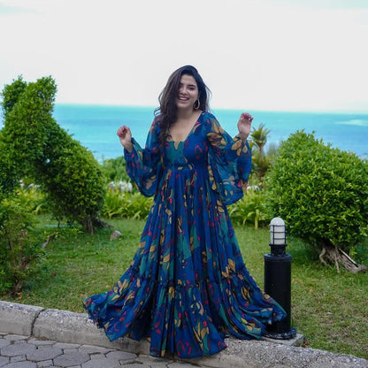 Women's Gorgeous Printed work Georgette Fabric Flared Gown