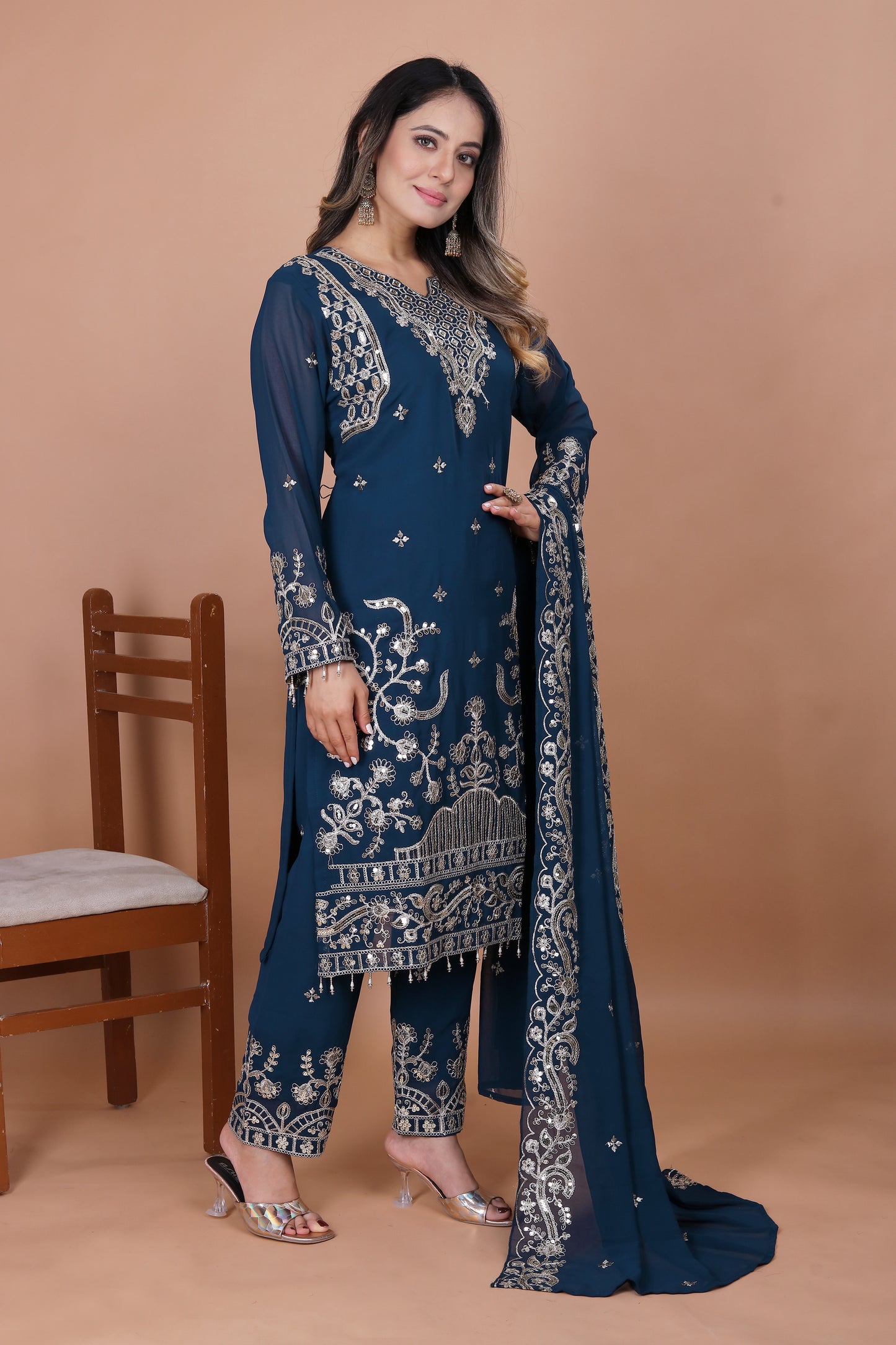 Women's Beautiful Embroidery Fox Georgette Fabric Straight Kurta Pant and Dupatta Set
