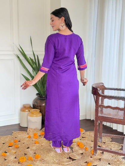 Women's Beautiful Roman Silk Embroidered Straight Kurta with Pant And Dupatta Set