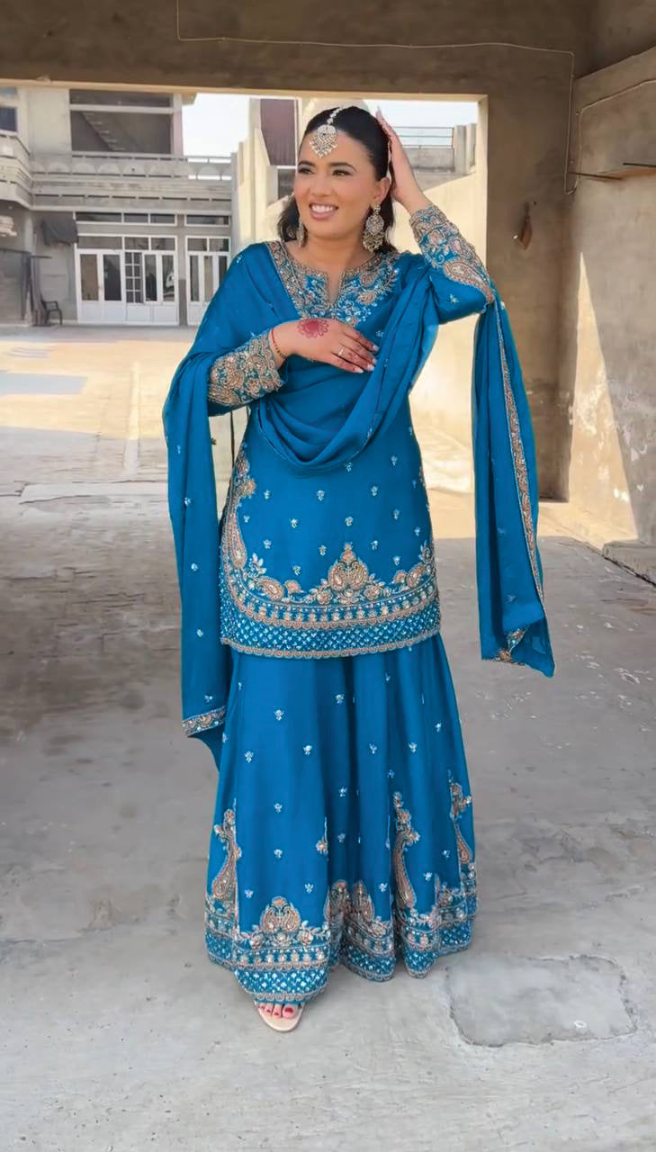 Women's Chinon fabric Embroidery work Kurta with Sharara and Dupatta set 73