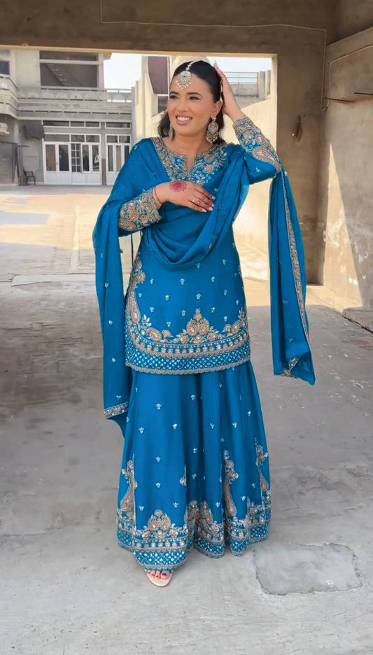 Women's Chinon fabric Embroidery work Kurta with Sharara and Dupatta set 73