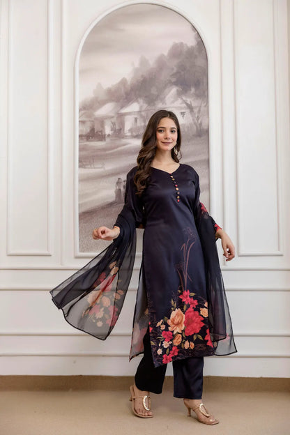 Women's Beautiful Soft Assam Fabric Printed Work A-line Kurta Pant and Dupatta Set