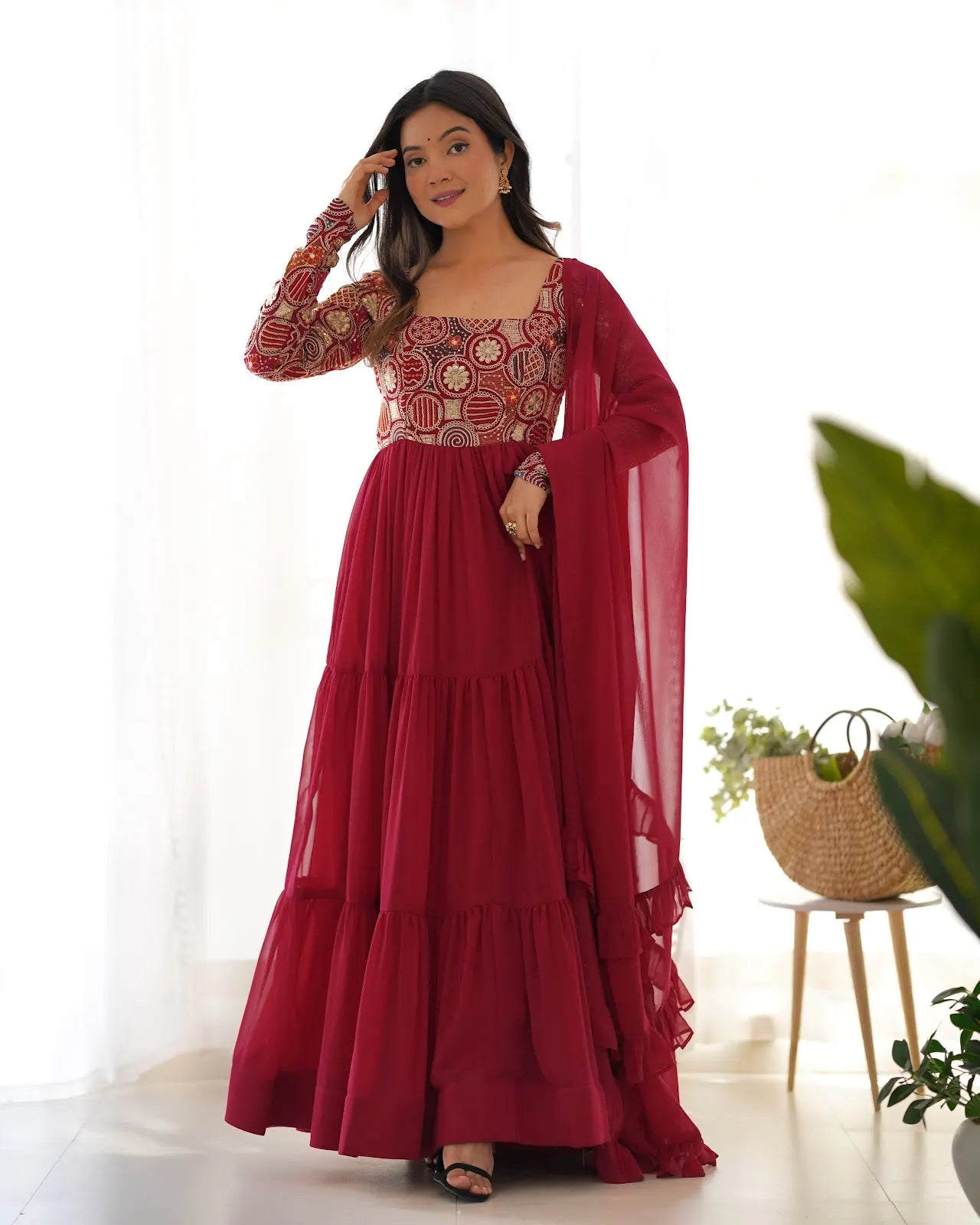 Women's Beautiful Embroidery Work Faux Georgette Fabric Flared Anarkali Pant and Dupatta Set