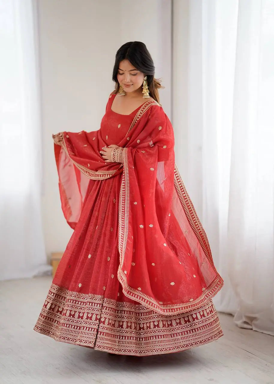 Women's Beautiful Embroidery Work Crunchy Silk Fabric Flared Anarkali and Dupatta Set