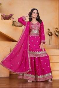 Women's Gorgeous Embroidery Work Chinon Fabric Straight Kurta Sharara and Dupatta Set 117